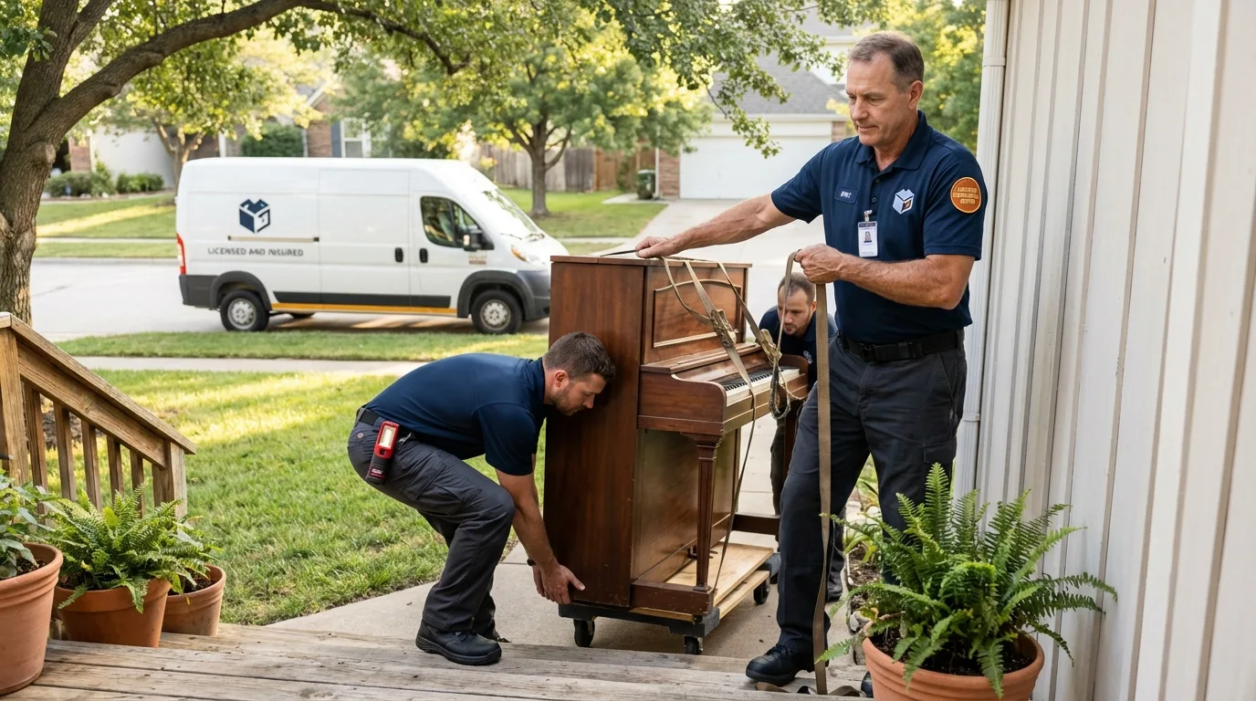 Licensed piano movers securing grand piano in Louisburg, NC