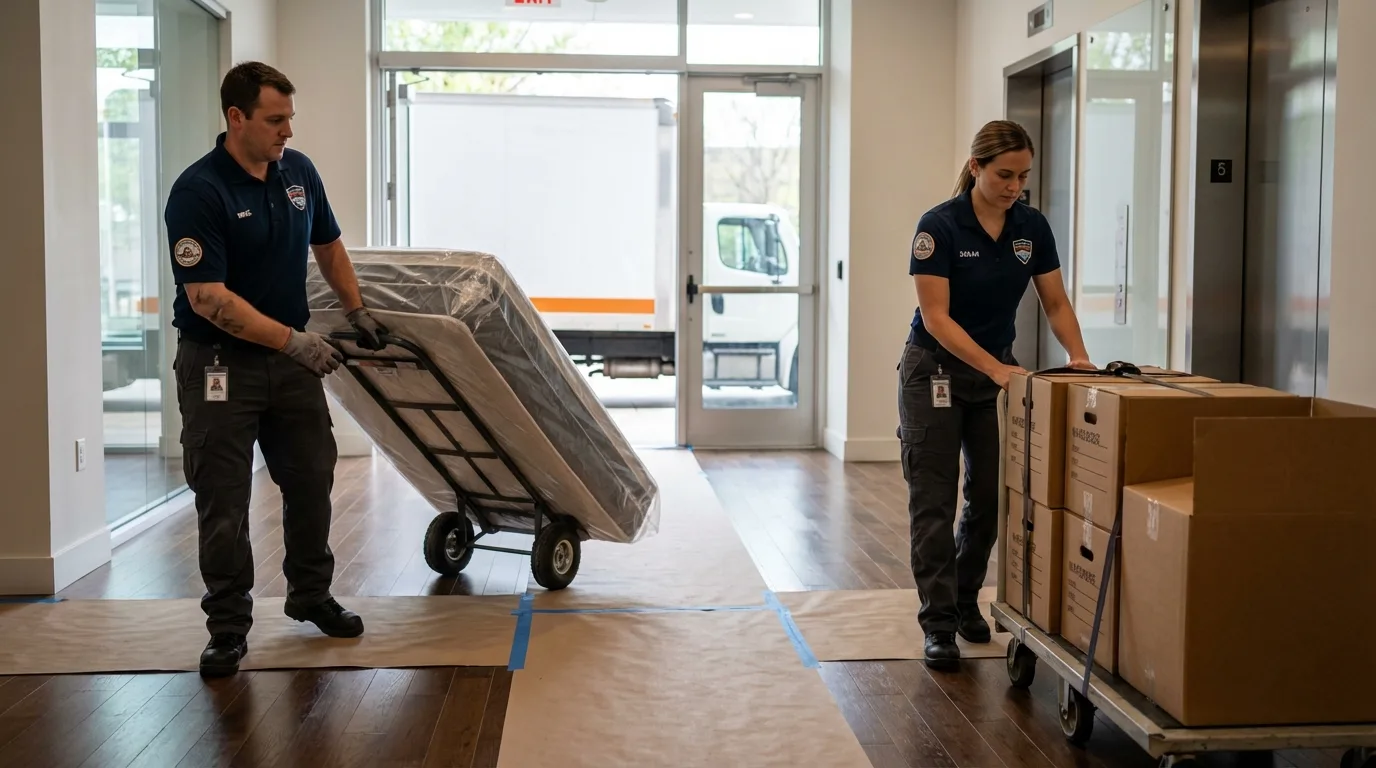 Professional apartment movers loading elevator in Louisburg, NC