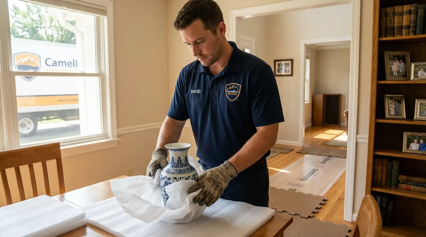 Professional crew carefully wrapping antique vase for senior downsizing move in Louisburg, NC